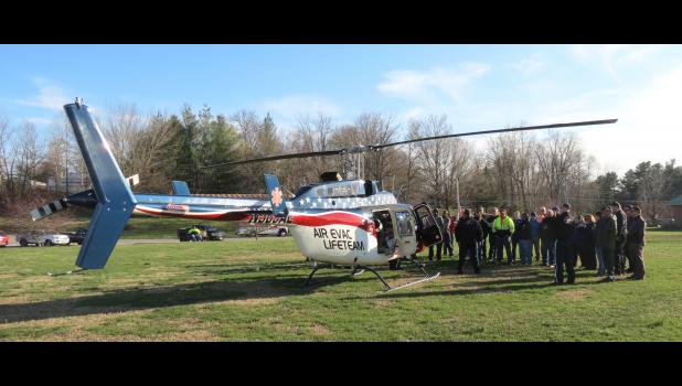 An Air Evac Lifeteam helicopter from Marion landed on a soccer field at the Cobden Community Park for Monday evening’s training session.